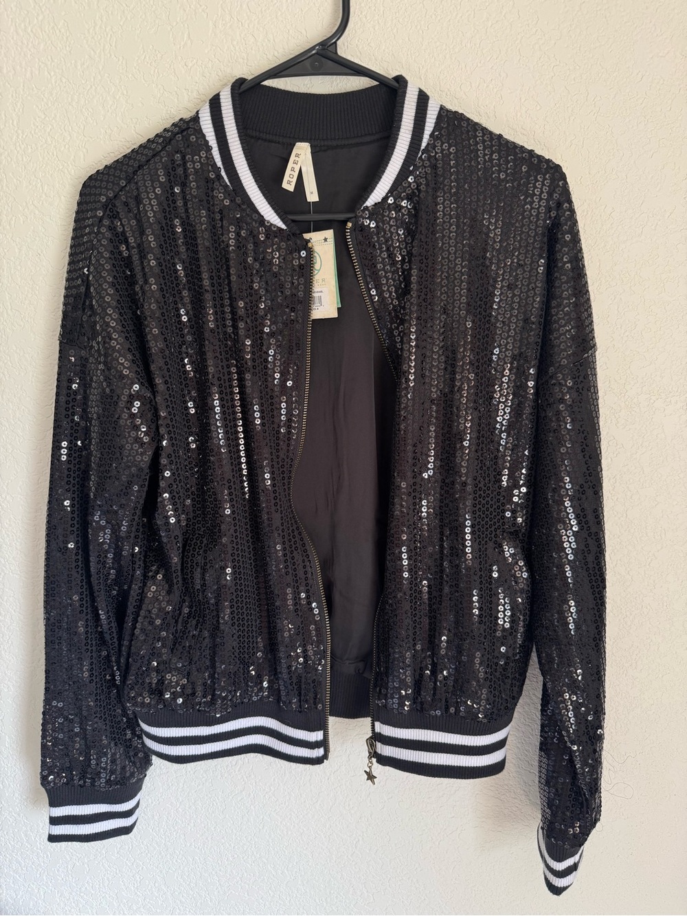 Roper Sequin Bomber Jacket Black Zip Front Western Glam NWT Women's M